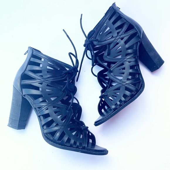 Report Black Cage Peep Toe Lace Up Heels - Picture 5 of 8